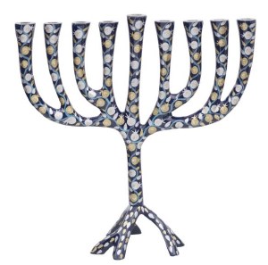 Picture of Yair Emanuel Metal Candle Menorah Pomegranate Painted Design Tripod Base XL Size Blue 12.8